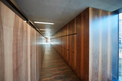 Schmaler Flur an der Glasfassade mit beidseitiger Nussbaum-Wandverkleidung – James-Simon-Galerie, Berlin