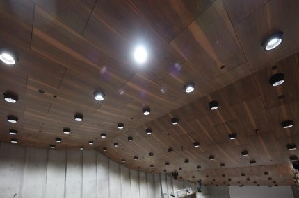 Detail der geschwungenen Holzdecke mit Downlights über Sichtbetonwänden im Auditorium – James-Simon-Galerie, Berlin