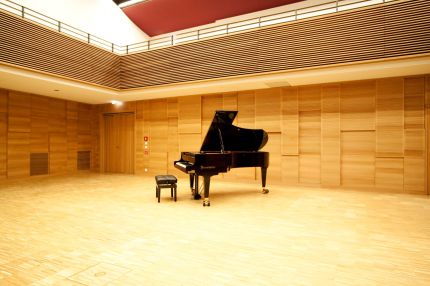 Konzertflügel im Saal mit Holz-Wandverkleidung und Galerie mit Lamellen – Musikschule Essenbach