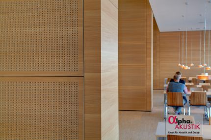 Detail der Holz-Lochplatten mit Blick in die Kantine – Europäisches Patentamt
