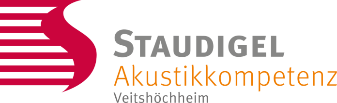 Das Logo von Staudigel zeigt akustische Lösungen für Raumakustik mit stilisierten Lamellen und klarer Schrift.