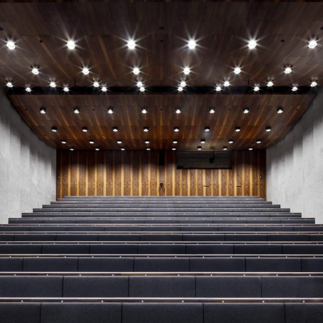 Auditorium mit Holzdecke, Downlights und Rückwand aus Nussbaum-Furnier – James-Simon-Galerie, Berlin