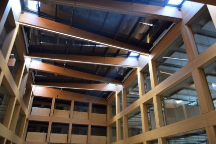Blick nach oben auf holzverkleidete Dachträger mit LED-Lichtlinien und Oberlichtern – IHK Nürnberg