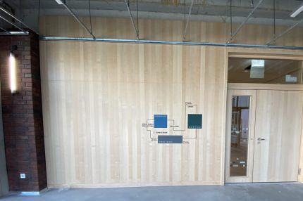 Holz-Wandverkleidung mit Orientierungsplan neben Klinkerpfeiler und Doppeltür – Bildungskampus Köln