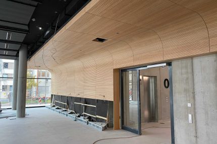 Foyer mit geschwungener Wand-Decken-Verkleidung aus Eiche und Aufzugseingang – Technisches Rathaus Mannheim