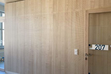 Detail der gelochten Holz-Wandverkleidung mit Tür zu Raum 207 – Bildungskampus Köln