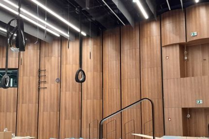 Saal im Bau mit hoher Holzfurnier-Wandverkleidung und abgehängten Kabelbündeln – Beethovenhalle Bonn