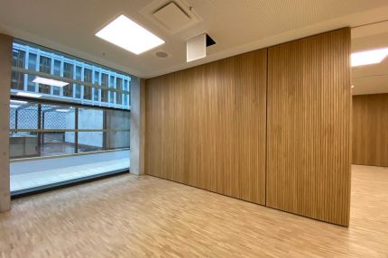 Raum mit großer Fensterfront und Trennwand aus Eichen-Schlitzplatten – Technisches Rathaus Mannheim