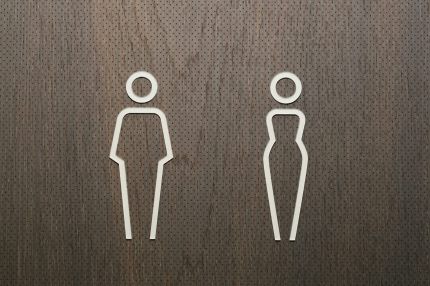 Detail WC-Piktogramme auf mikroperforierter Lochplatte in dunklem Holzfurnier – AEB-Zentrale, Stuttgart
