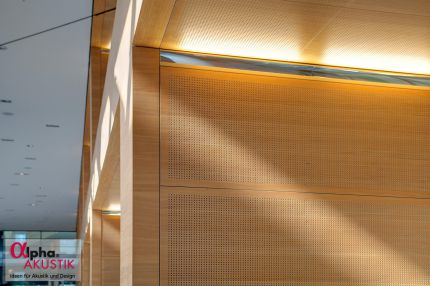 Detail der Lochplatten-Wandverkleidung in Holz mit Lichtfuge – Europäisches Patentamt