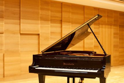 Konzertflügel frontal vor Holz-Wandverkleidung, darüber Lamellenbrüstung – Musikschule Essenbach