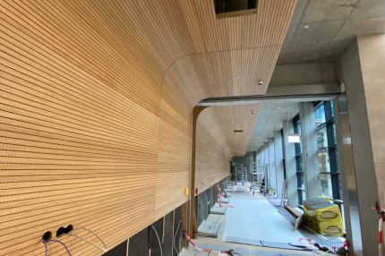 Flur an der Glasfassade mit gerundeter Wand-Decken-Verkleidung aus Eiche im Bau – Technisches Rathaus Mannheim