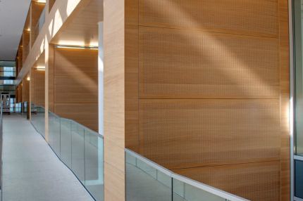 Galeriegang mit Glasbrüstung und Wandverkleidung aus Holz-Lochplatten – Europäisches Patentamt