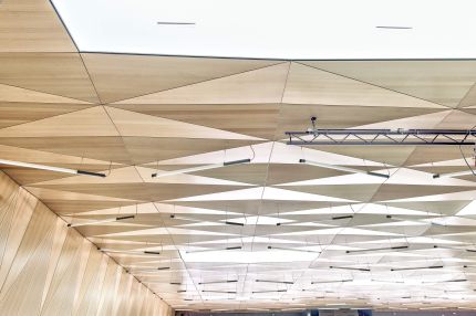 Facettierte Holzfurnier-Akustikdecke aus Dreiecksfeldern mit Lichttraverse im Saal – Gymnasium Oberursel
